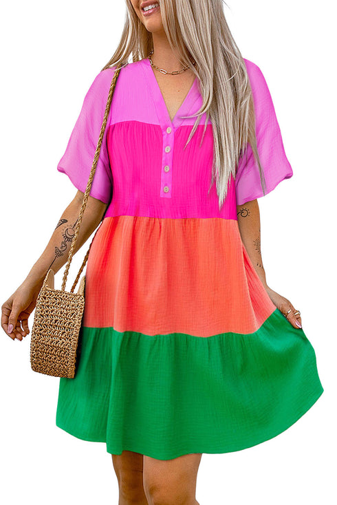 Color Block Tiered Puff Sleeve Dress